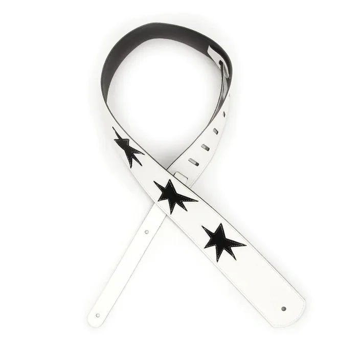 2.5 Inch Leather Guitar Strap, Star Icon Patches – White w/ Black, by D’Addario