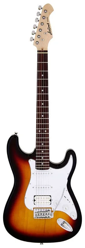 Aria STG-004 Electric Guitar 3-Tone Sunburst with White Pickguard, Basswood Body, Maple Neck, Rosewood Fingerboard, 2 Single Coil Pickups, 1 Humbucker