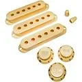 AxLabs Set Of Single Coil Pickup Covers In Vintage Spacing (52mm), Two Switch Tips, And Three Knobs (Gold Lettering) Aged White/Cream