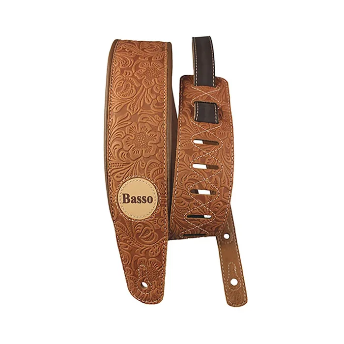 Basso Floral Leather Guitar Strap – Whiskey, 7.5cm Width, Adjustable Length 1.00-1.45m, Foam Lining, Reinforced Ends