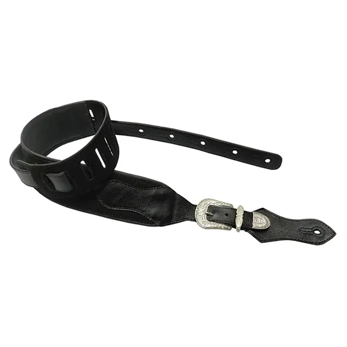 Basso Guitar Strap – Country Style with Buckle, Black Leather, Suede Top, Adjustable Length 100-155cm, Reinforced Ends, Foam Padding