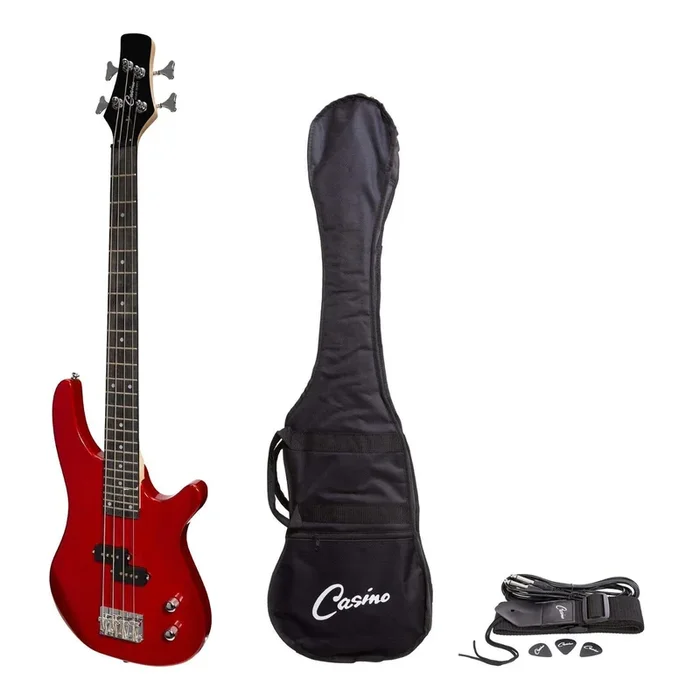 Casino ’24 Series’ Short Scale Tune-Style Electric Bass Guitar Set (Transparent Wine Red)