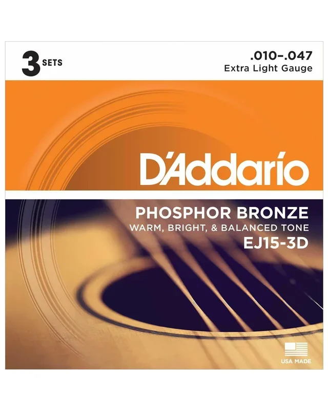 D’Addario EJ15-3D Phosphor Bronze Extra Light Gauge Acoustic Guitar Strings, Three Pack