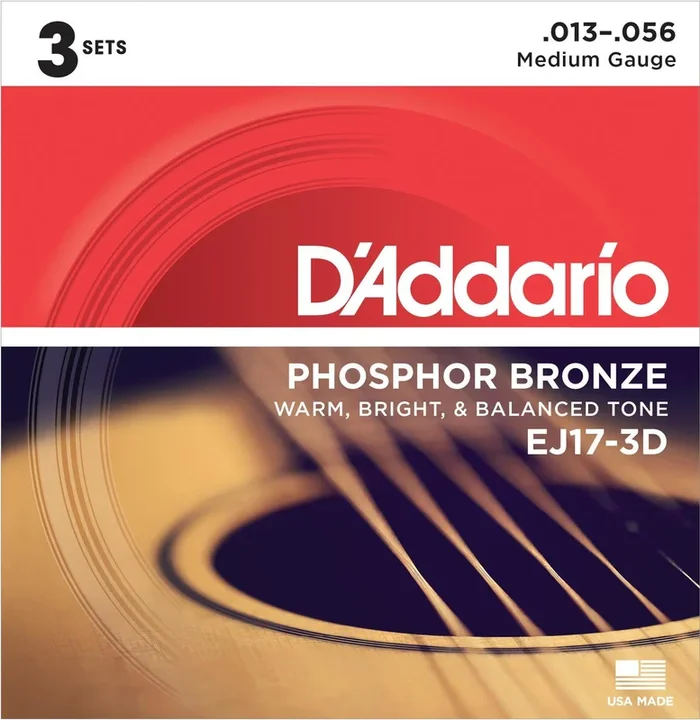 D’Addario EJ17-3D Phosphor Bronze Acoustic Guitar Strings, Medium, 13-56, 3 Sets