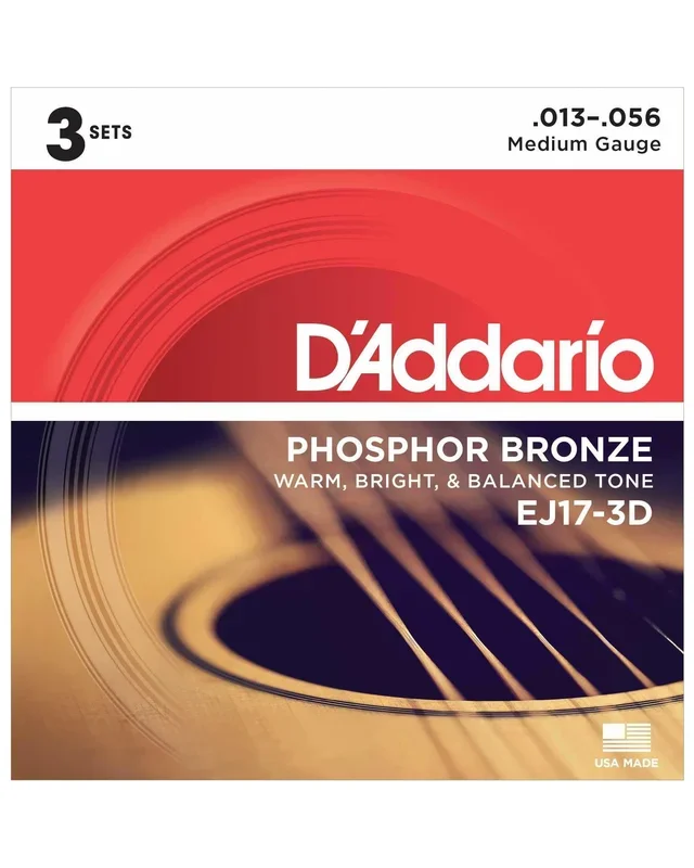 D’Addario EJ17-3D Phosphor Bronze Medium Gauge Acoustic Guitar Strings, Three Pack