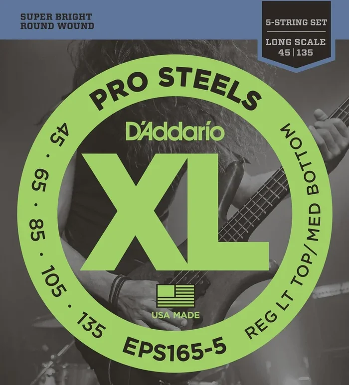 D’Addario EPS165-5 5-String ProSteels Bass Guitar Strings, Custom Light, 45-135, Long Scale