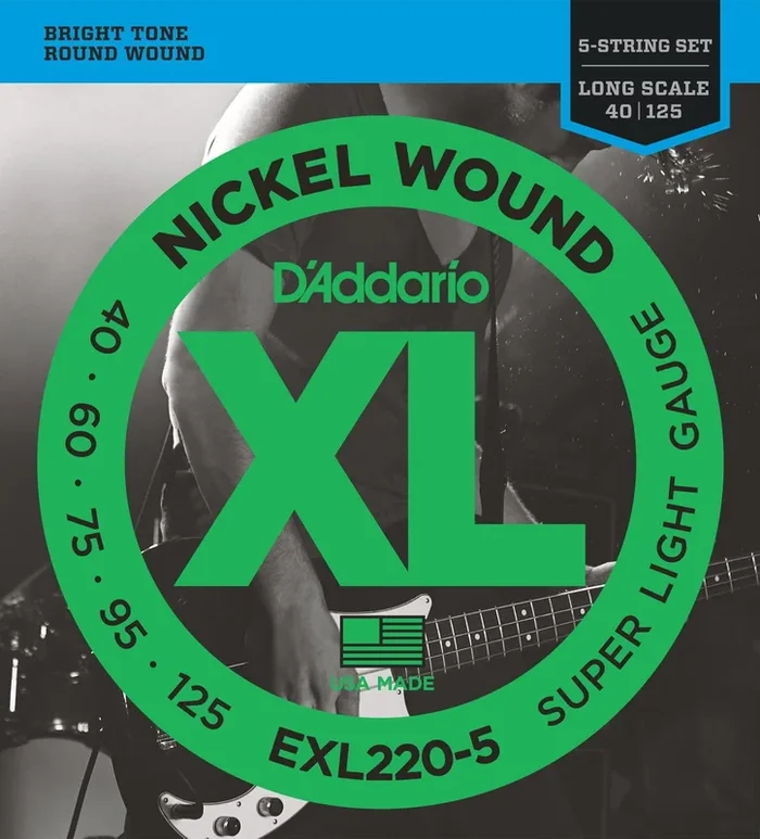 D’Addario EXL220-5 5-String Nickel Wound Bass Guitar Strings, Super Light, 40-125, Long Scale