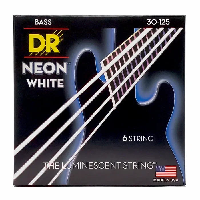 DR Hi-Def Neon White Colored Bass Strings 6-String Medium 30-125 with K3 Coating