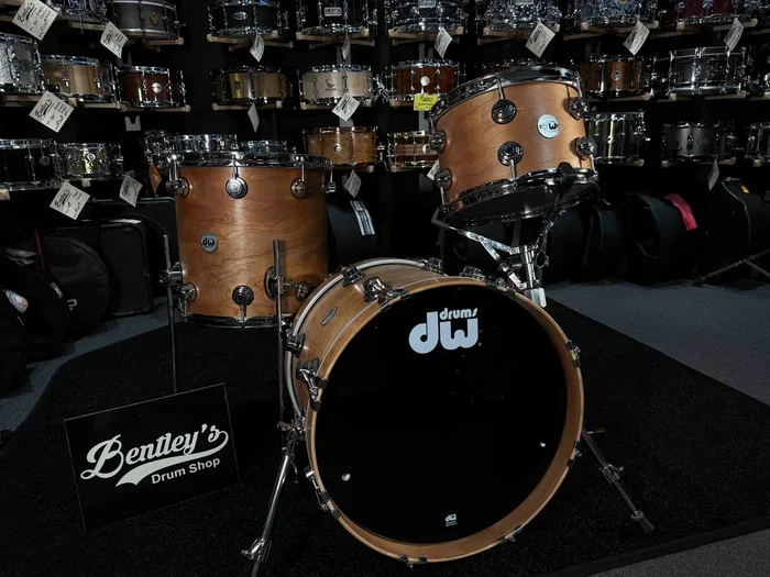 DW Collector’s Series Pure Cherry 3-Piece 12/14/18 Bop Drum Kit Set in Natural Satin Oil with Nickel Hardware