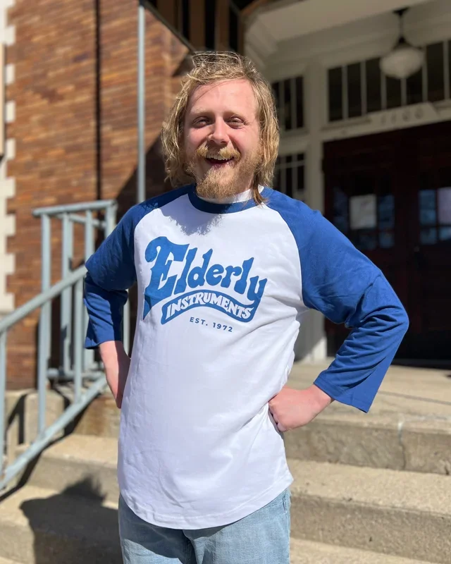 Elderly Instruments Logo Baseball Tee, Blue (Various Sizes)