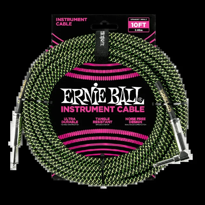 Ernie Ball 3 Meters Braided Straight / Angle Inst Cable, Black/Green