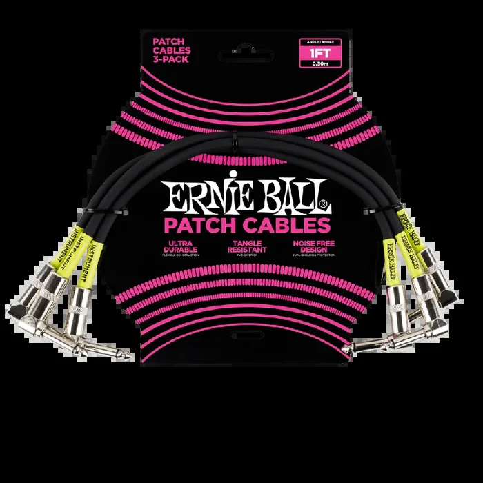 Ernie Ball 30 cm Angle / Angle Patch Cable 3 Pack, Black