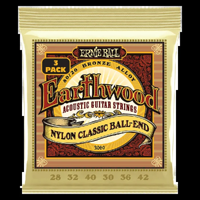 Ernie Ball Earthwood Folk Nylon, Clear and Gold w/Ball End, 80/20 Bronze Acoustic Guitar Strings 3-Pack 28-42