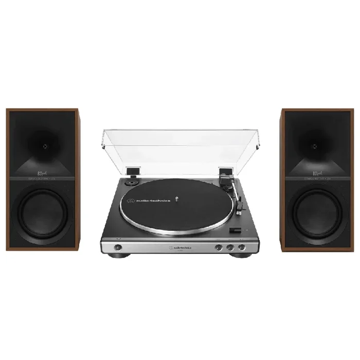 Klipsch The Sevens Heritage Inspired Powered Speakers (Walnut) with Audio Technica 60X-GM Fully Automatic Belt-Drive Stereo Turntable (Bundle)