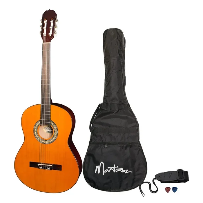 Martinez ‘Slim Jim’ Full Size Beginner Slim Neck Classical Guitar Pack with Built-In Tuner (Amber)