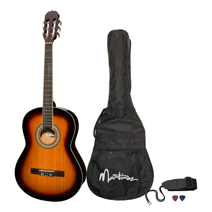 Martinez ‘Slim Jim’ Full Size Beginner Slim Neck Classical Guitar Pack with Built-In Tuner (Tobacco Sunburst)