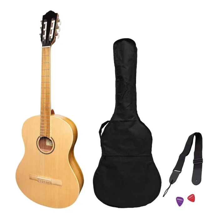 Martinez ‘Slim Jim’ Full Size Student Classical Guitar Pack with Built In Tuner (Spruce/Jati-Teakwood)