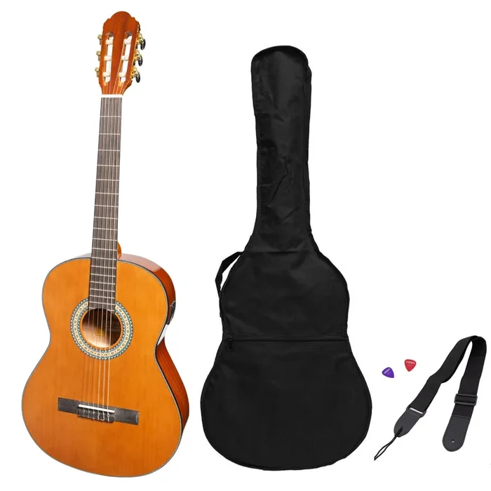 Martinez ‘Slim Jim’ G-Series Left Handed 3/4 Size Student Classical Guitar Pack with Built In Tuner (Natural-Gloss)