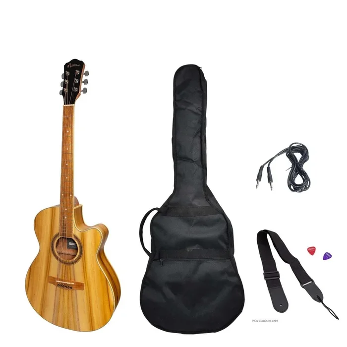 Martinez ’41 Series’ Folk Size Cutaway Acoustic-Electric Guitar Pack (Jati-Teakwood)