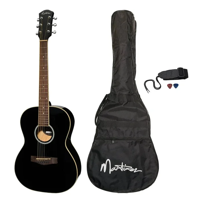 Martinez Acoustic Folk Size Guitar Pack with Built-In Tuner (Black)
