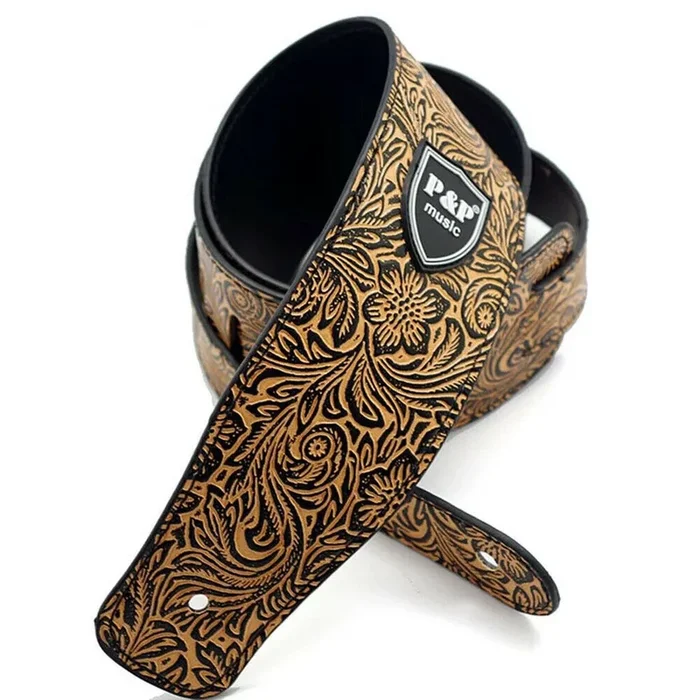 P&P 2.5″ Leather Embossed Guitar Strap Tan