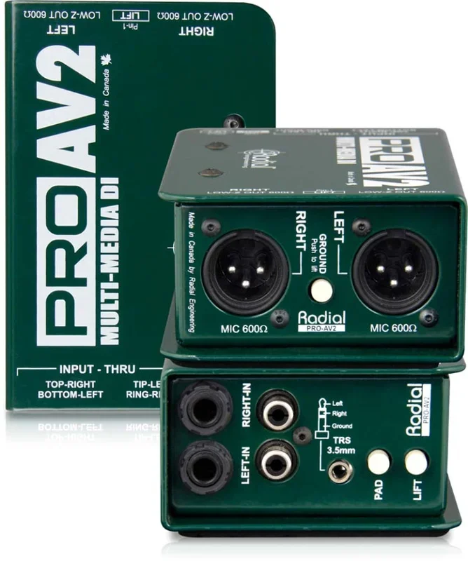 Passive stereo multimedia DI with RCA, 3.5mm, XLR, 1/4″ connectors