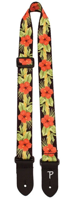 Perris 1.5″ Polyester Ukulele Strap in Orange Luau Floral Design with Leather ends