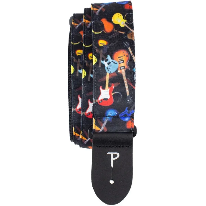 Perris 2″ Fabric Guitar Strap in “Guitars Allover” Design with Black Leather Ends