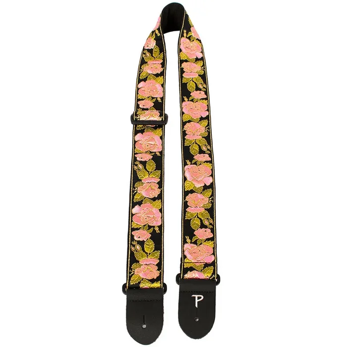 Perris 2″ Jacquard Guitar Strap with “Pink Flowers on Black” Design & Leather ends