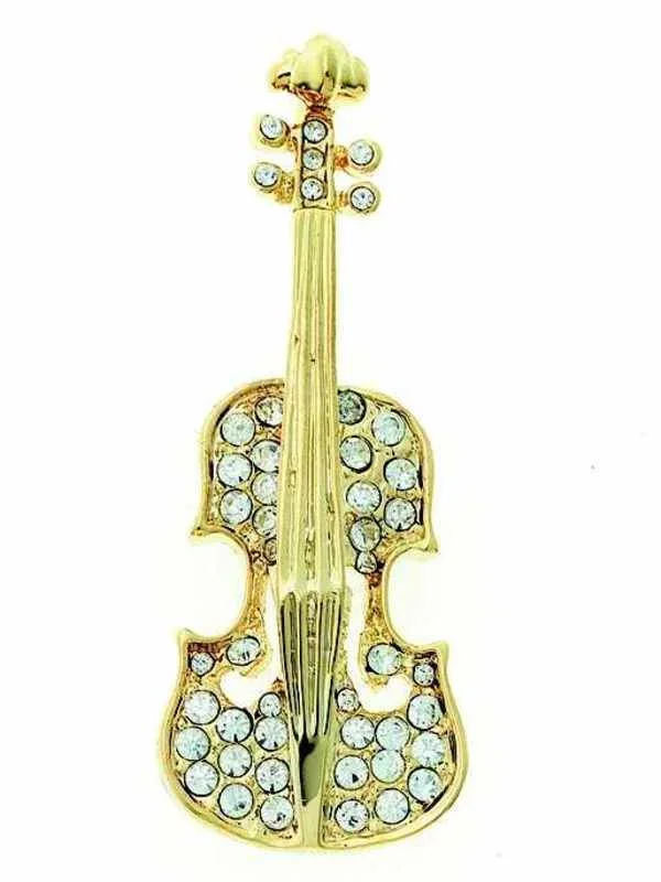 Rhinestone Brooch Large Violin