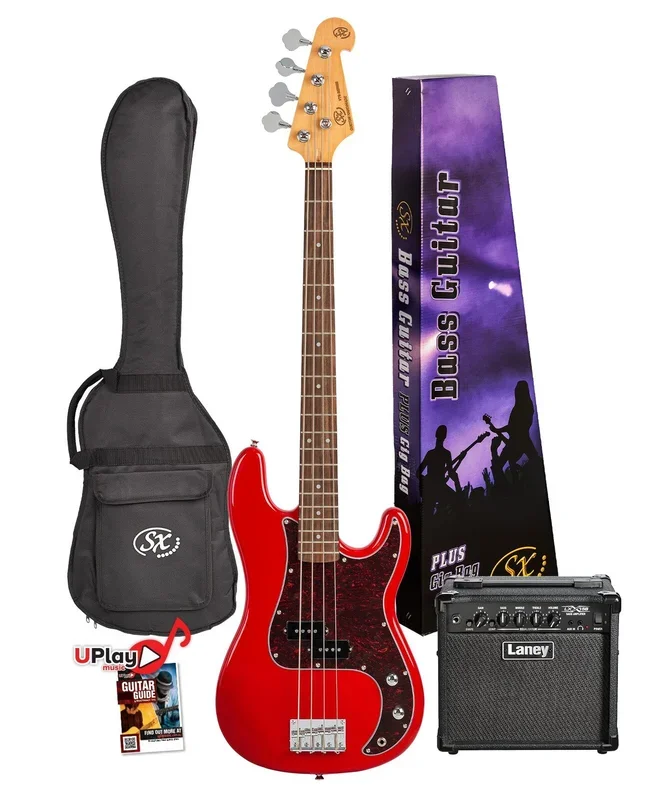 SX / LANEY Fiesta red Bass & Amp Laney Package – 4/4 size. Vintage Style Bass Guitar.