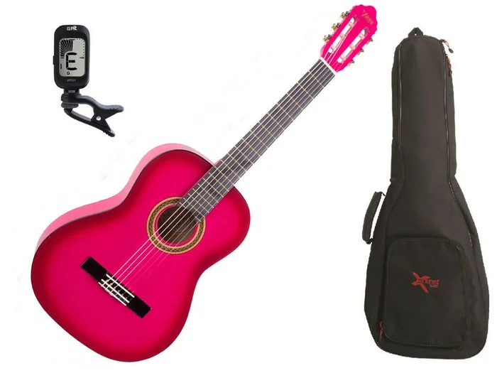Valencia Full Size Classical Guitar Pack Pink C/W Padded Bag and Clip On Tuner