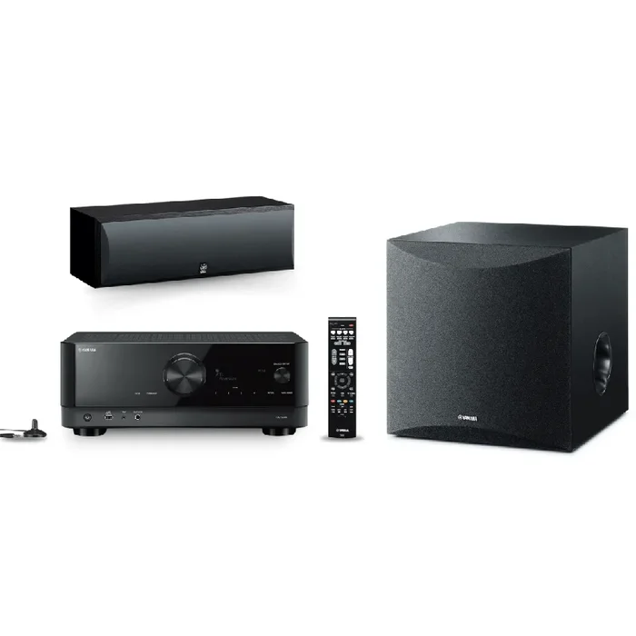 Yamaha RX-V4A 5.2-Channel AV Receiver + NS-SW050BL 8″ 100W Powered Subwoofer + NS-C210BL Center Channel Speaker (Black) Bundle